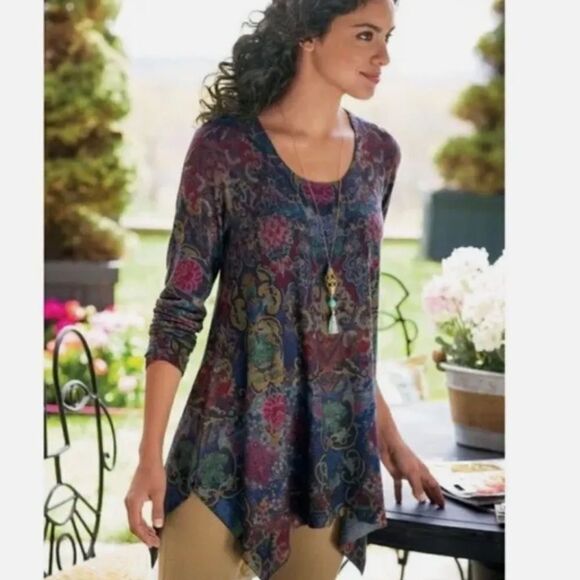 Soft Surroundings Scoop Neck High Low Asymmetric Hem Tunic Paisley Size Small - Picture 2 of 9